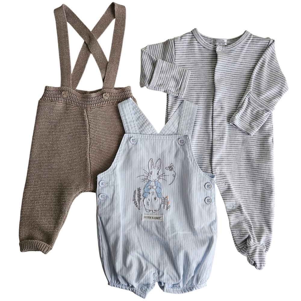 Newborn Boy Easter Peter Rabbit Romper| Footed Sleeper | Knitted Bottoms Bundle